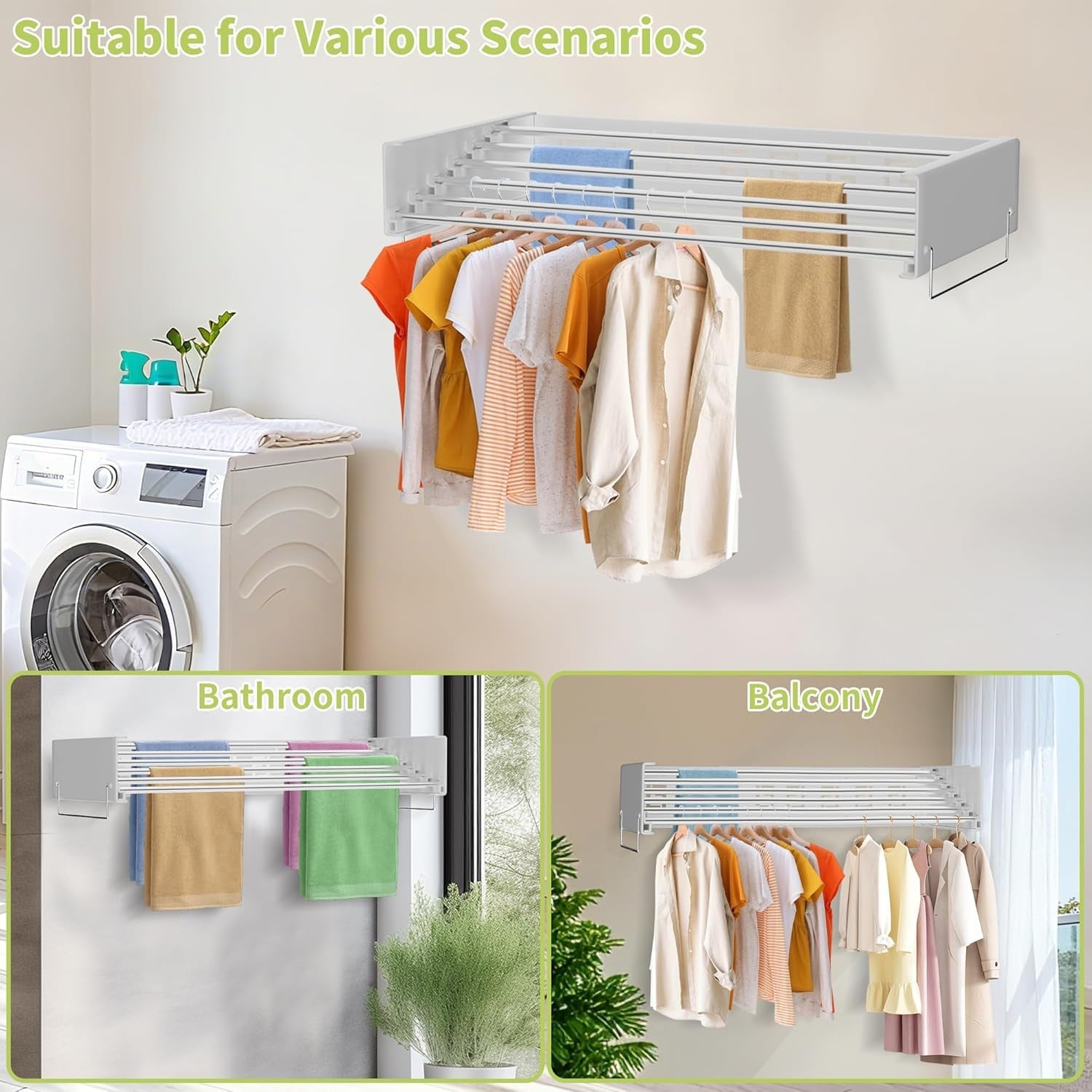 Wall Mounted Retractable Clothes Airer Folding Drying Rack Space Saving