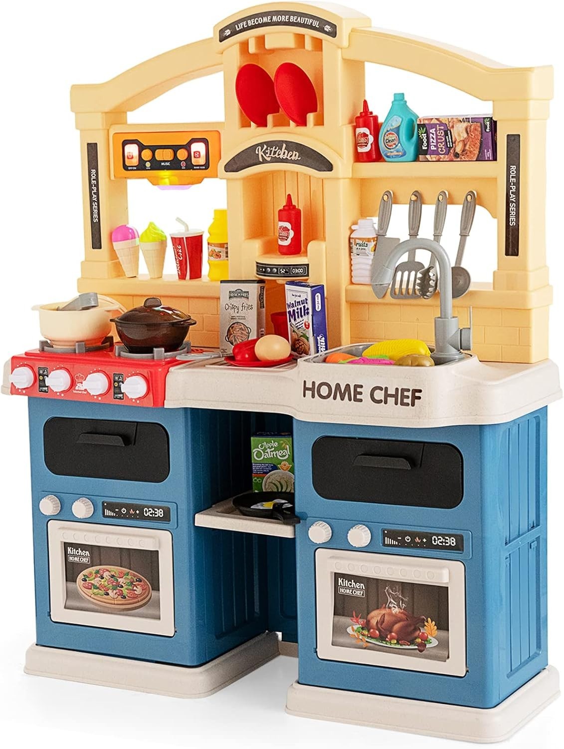 Kids Kitchen Playset w/ 69PCS Lights Sounds Steam Spray Blue