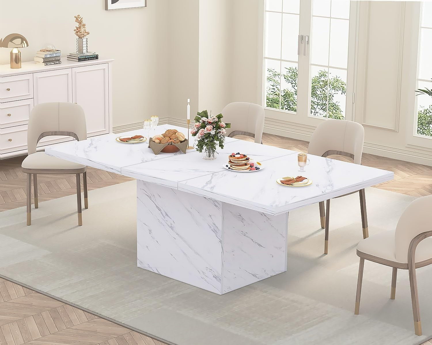 White Marble Effect Dining Table 160cm Modern 6 Seater Kitchen Table