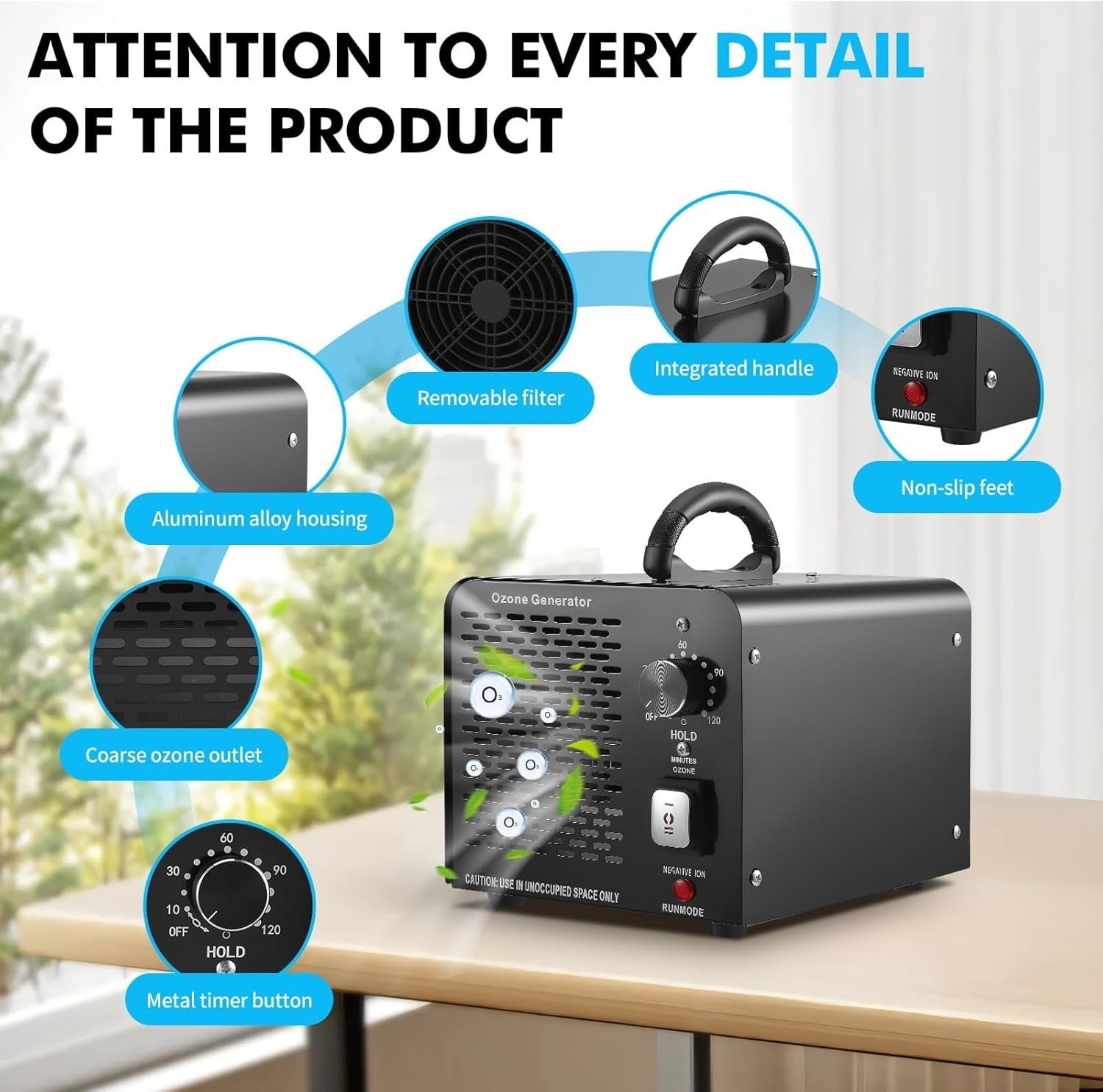 60000mg Ozone Generator Negative Ion Air Purifier 120min Timer