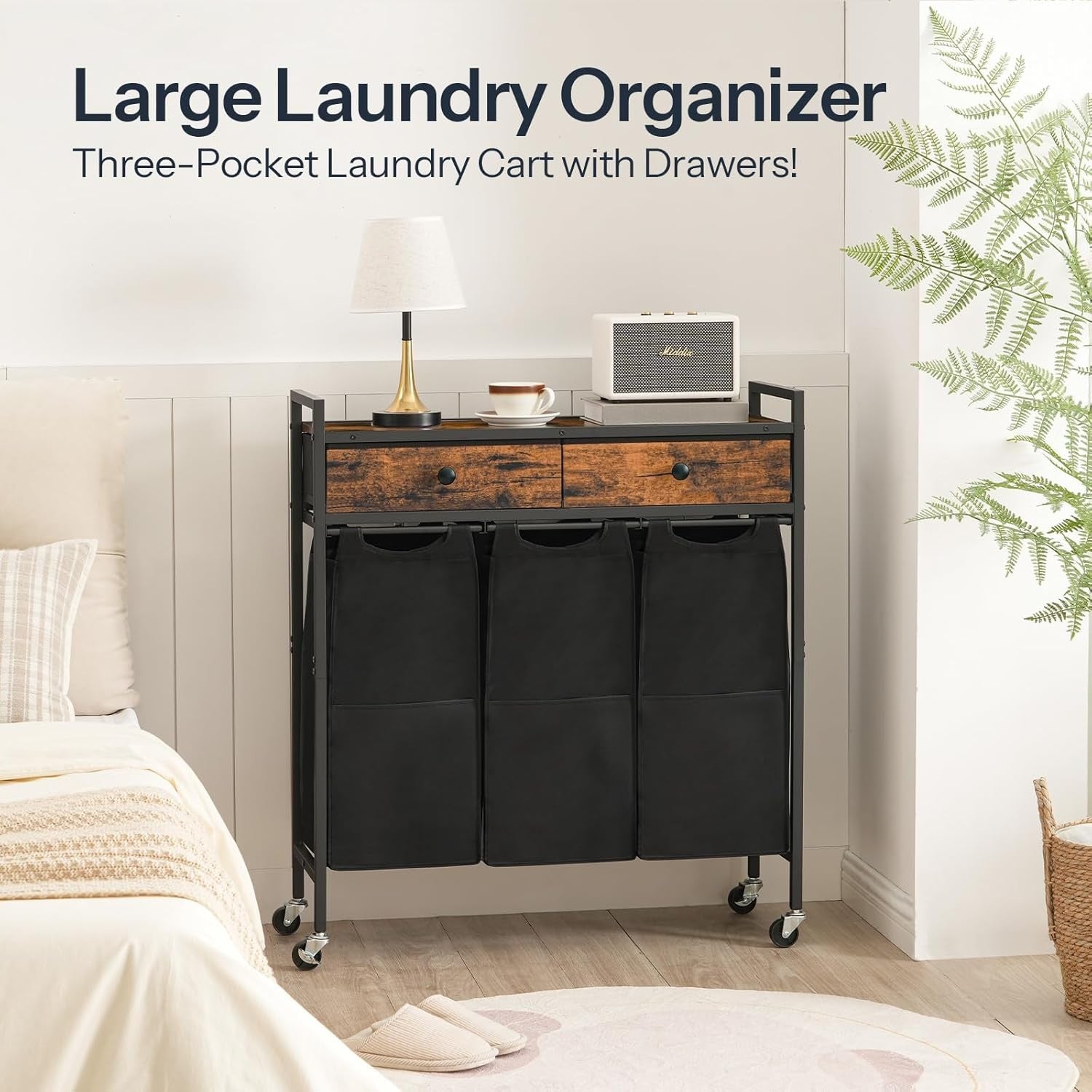 3 Compartment Laundry Sorter on Wheels Rustic Brown Black with Pull Out Bags