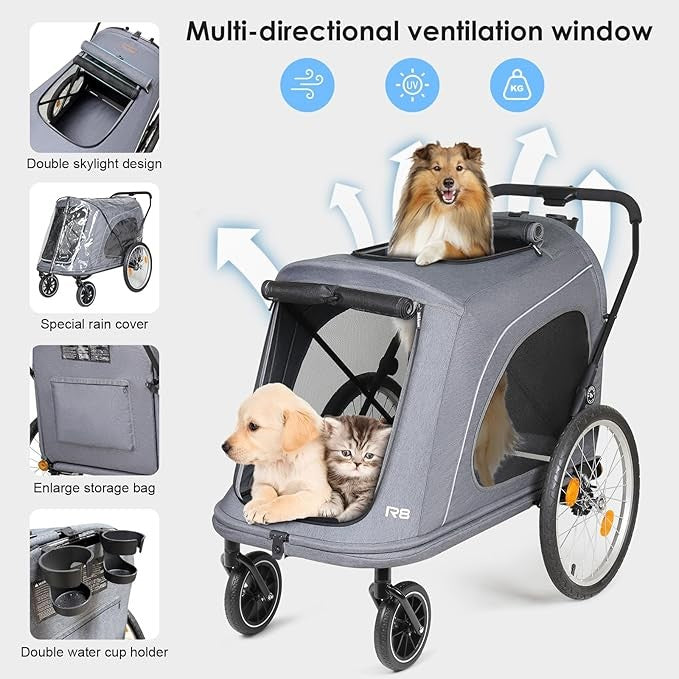 4 Wheel Large Dog Stroller Foldable Heavy Duty Pet Pushchair Trailer 100lb