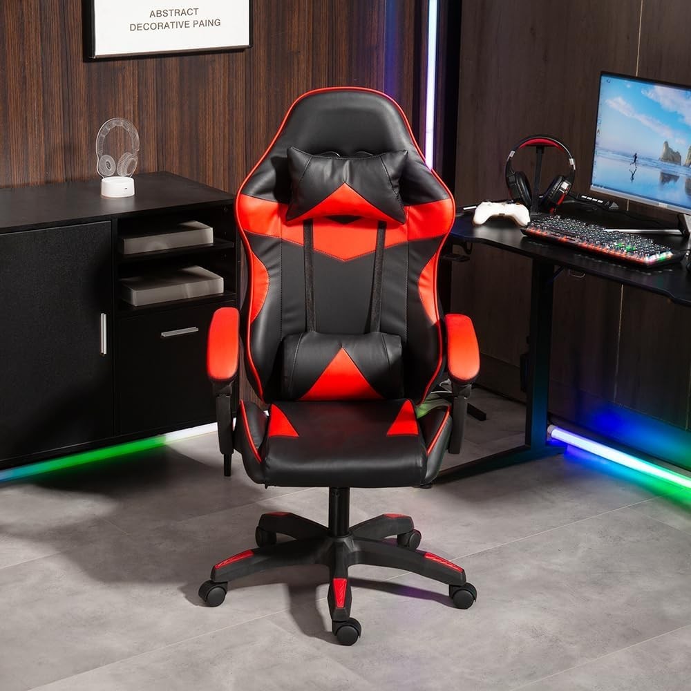 Ergonomic Gaming Chair Red Swivel Office Desk PC Recliner Faux Leather