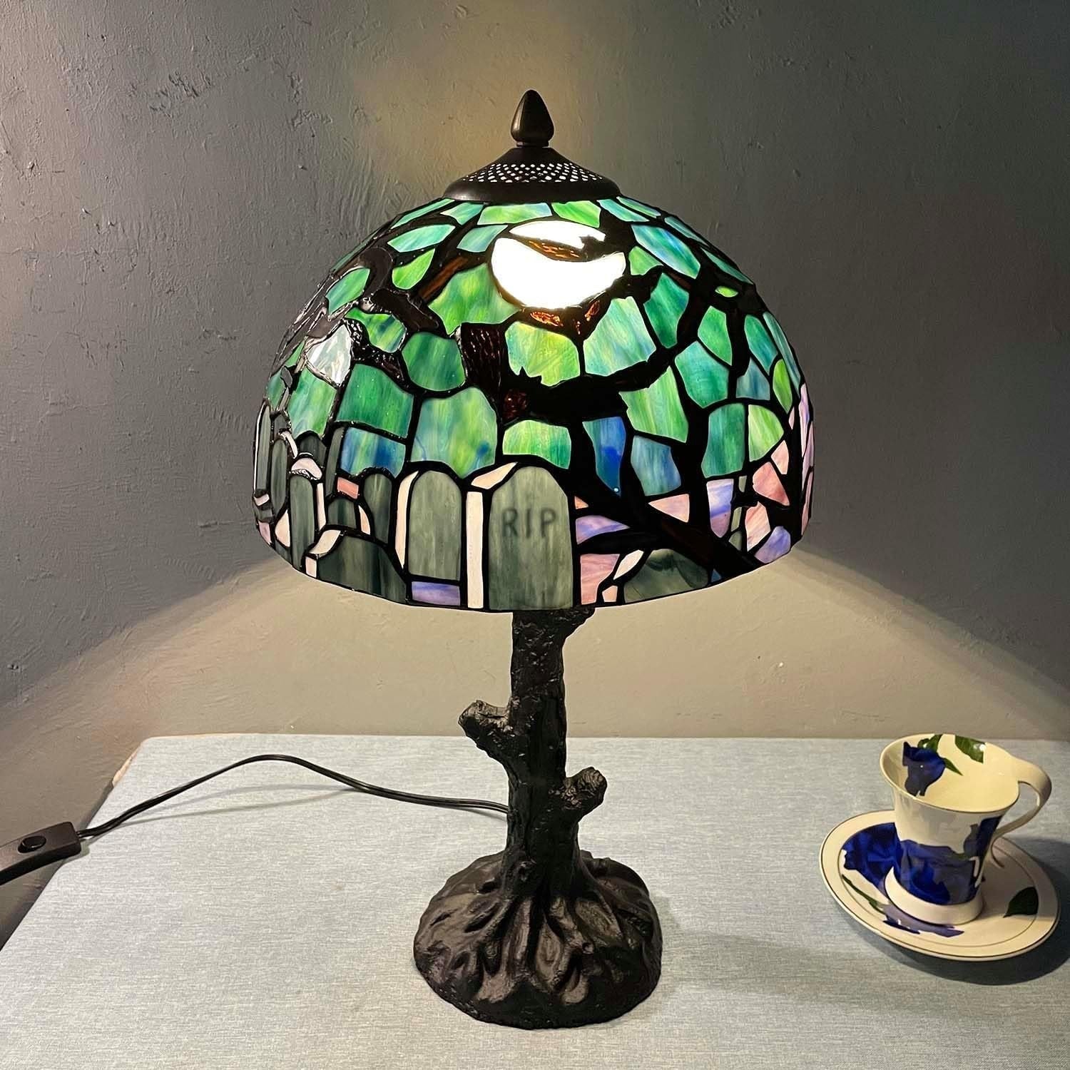 Gothic Tiffany-Style Stained Glass Table Lamp with Graveyard Scene, 30cm