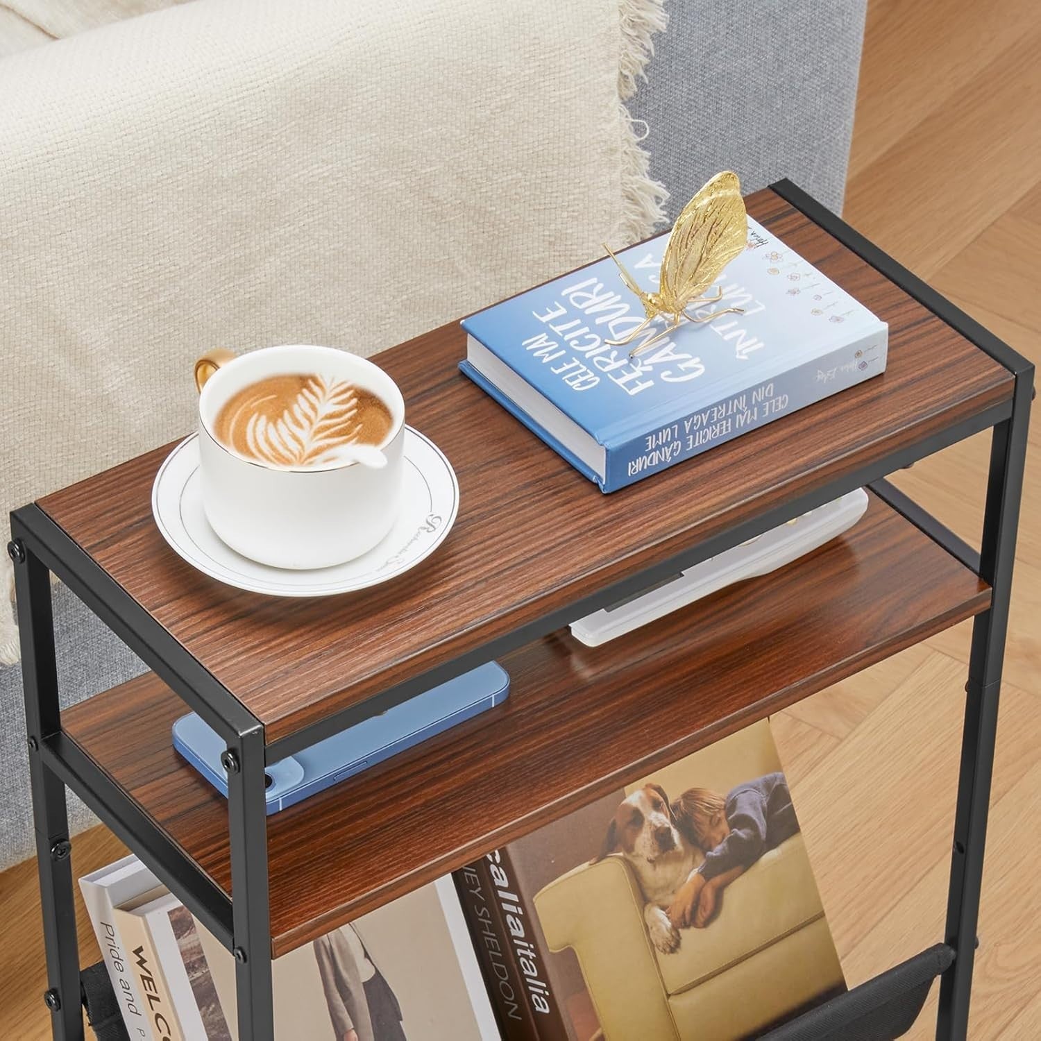 Slim Side Table for Small Spaces – Narrow End Table with Storage & Magazine Rack