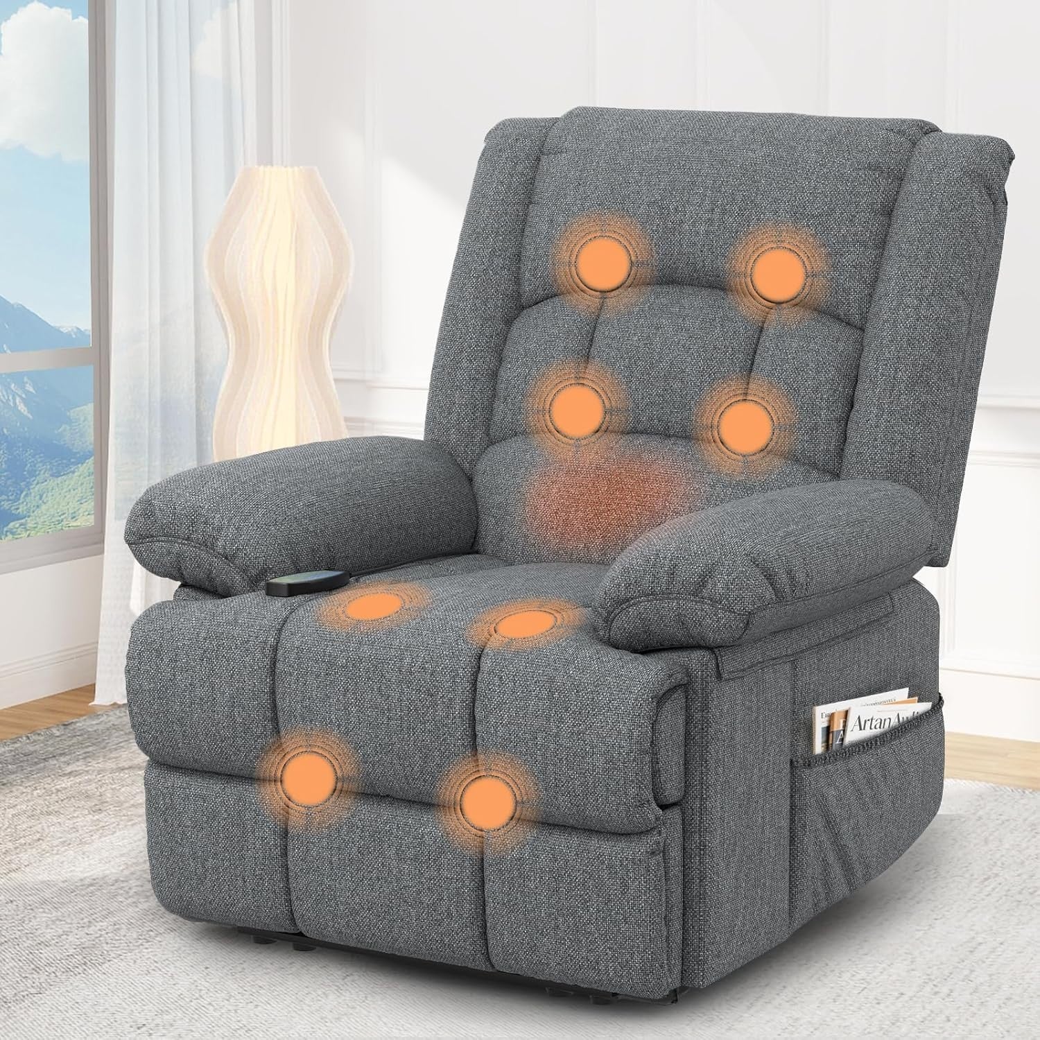 Manual Recliner Chair Massage Heat 135° Recline Footrest Dual Pockets Grey