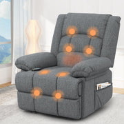 Manual Recliner Chair Massage Heat 135° Recline Footrest Dual Pockets Grey