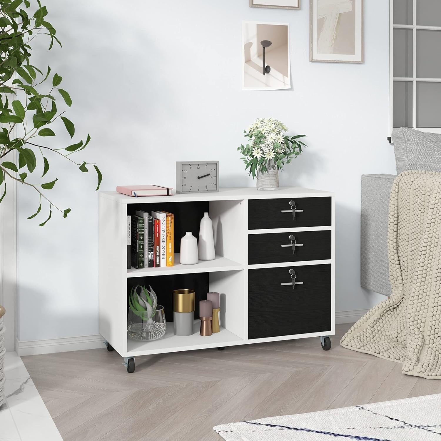 3 Drawer Mobile Wood File Cabinet Printer Stand with Shelves White Black