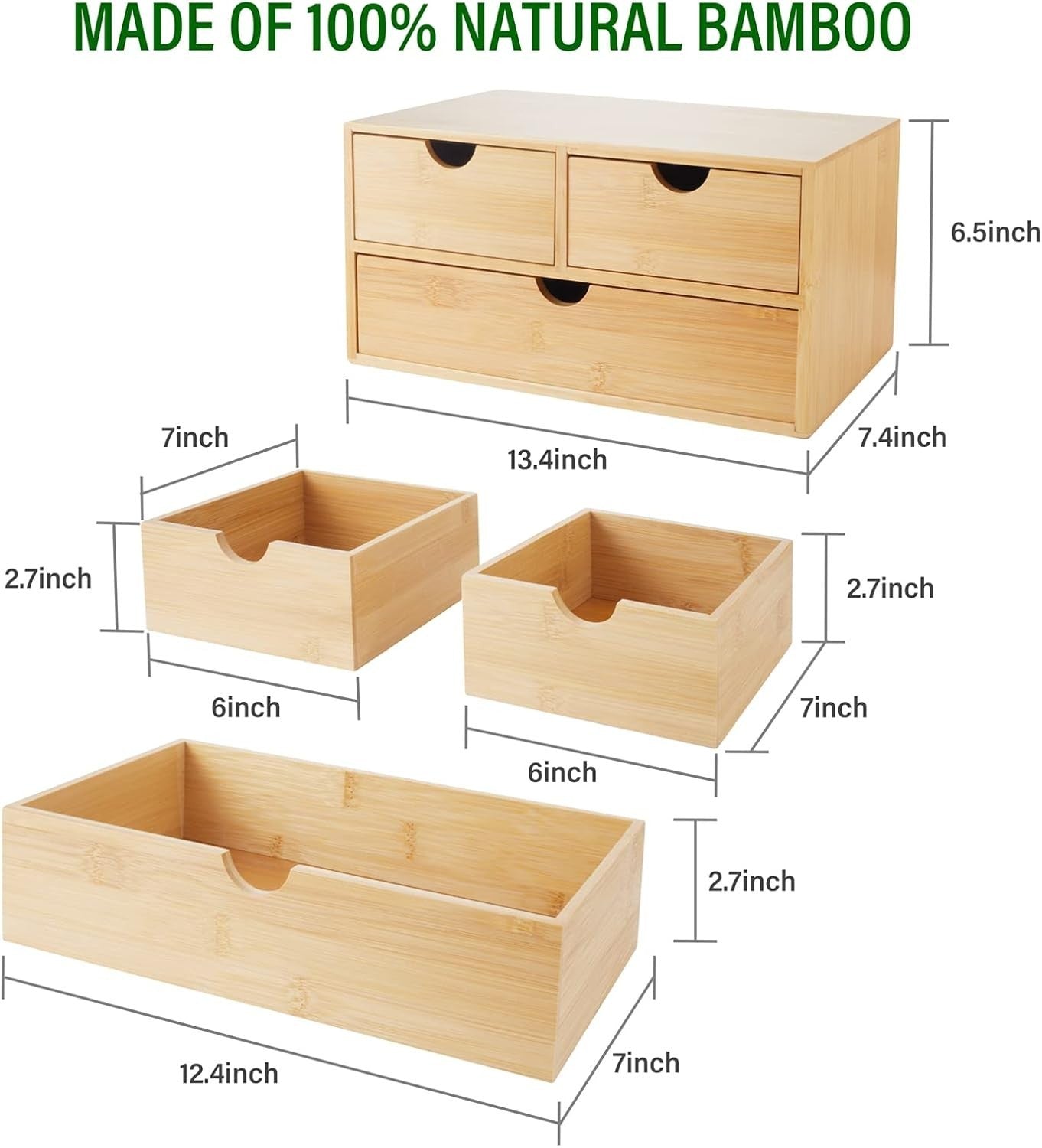 Bamboo Desk Organizer 3 Drawers Makeup Storage Box Tabletop Office
