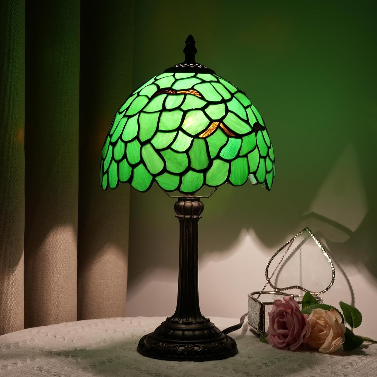 Stained Glass Tiffany Table Lamp Green Leaf 8x14 Inch Desk Light
