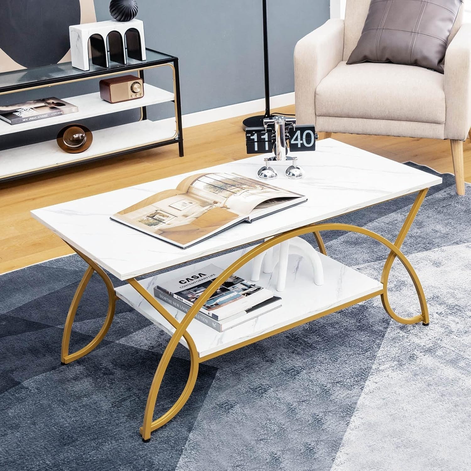 2-Tier Marble Coffee Table with Golden Frame – Rectangular Storage Shelf, 100x50