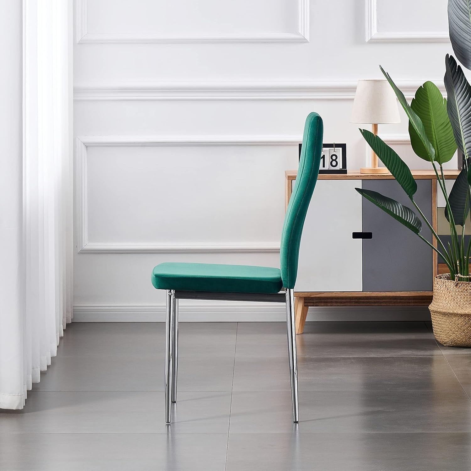 Modern White Dining Table Set 4 Chairs Velvet Green High Gloss Rectangular