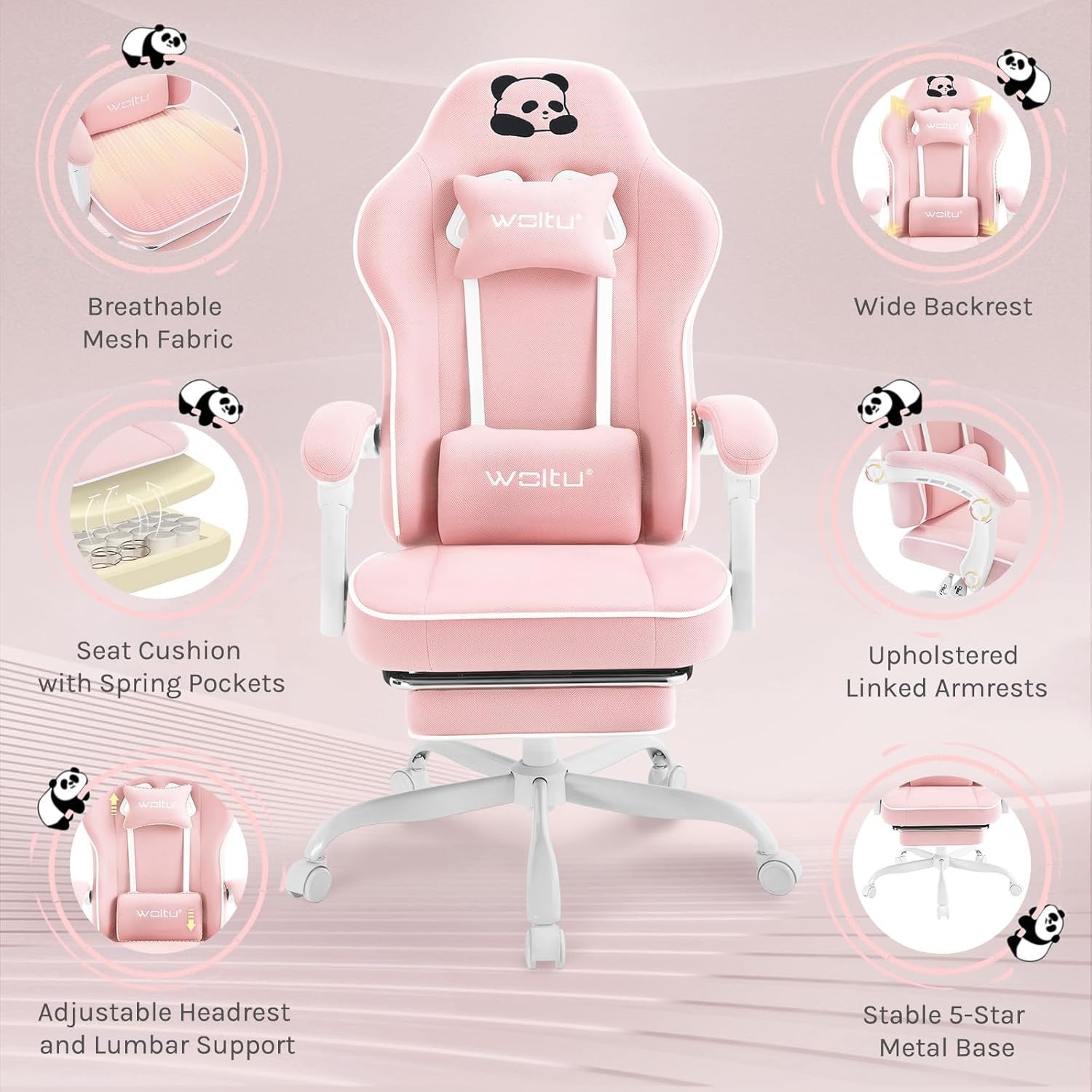 Ergonomic Gaming Chair w/ Pocket Spring Cushion Footrest 150kg Pink