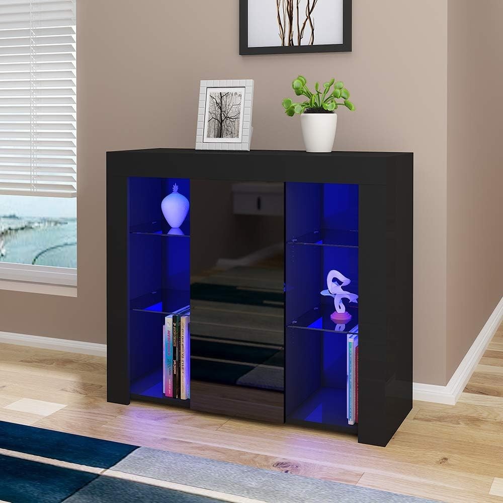 Modern LED Sideboard Display Cabinet Glass Shelves Storage Unit Black