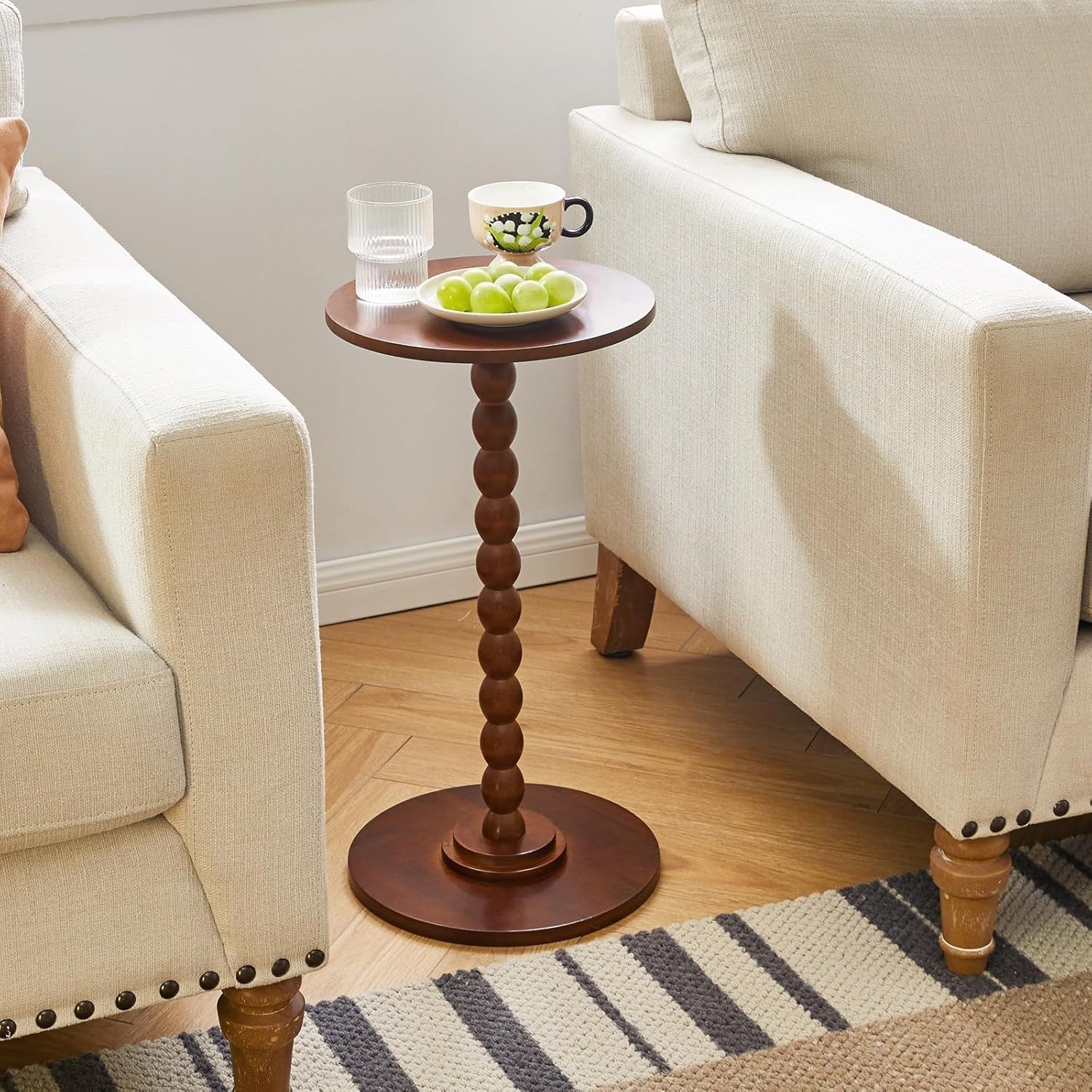 Rustic Brown Round Side Table – Modern Small Accent Table with Solid Wood Base