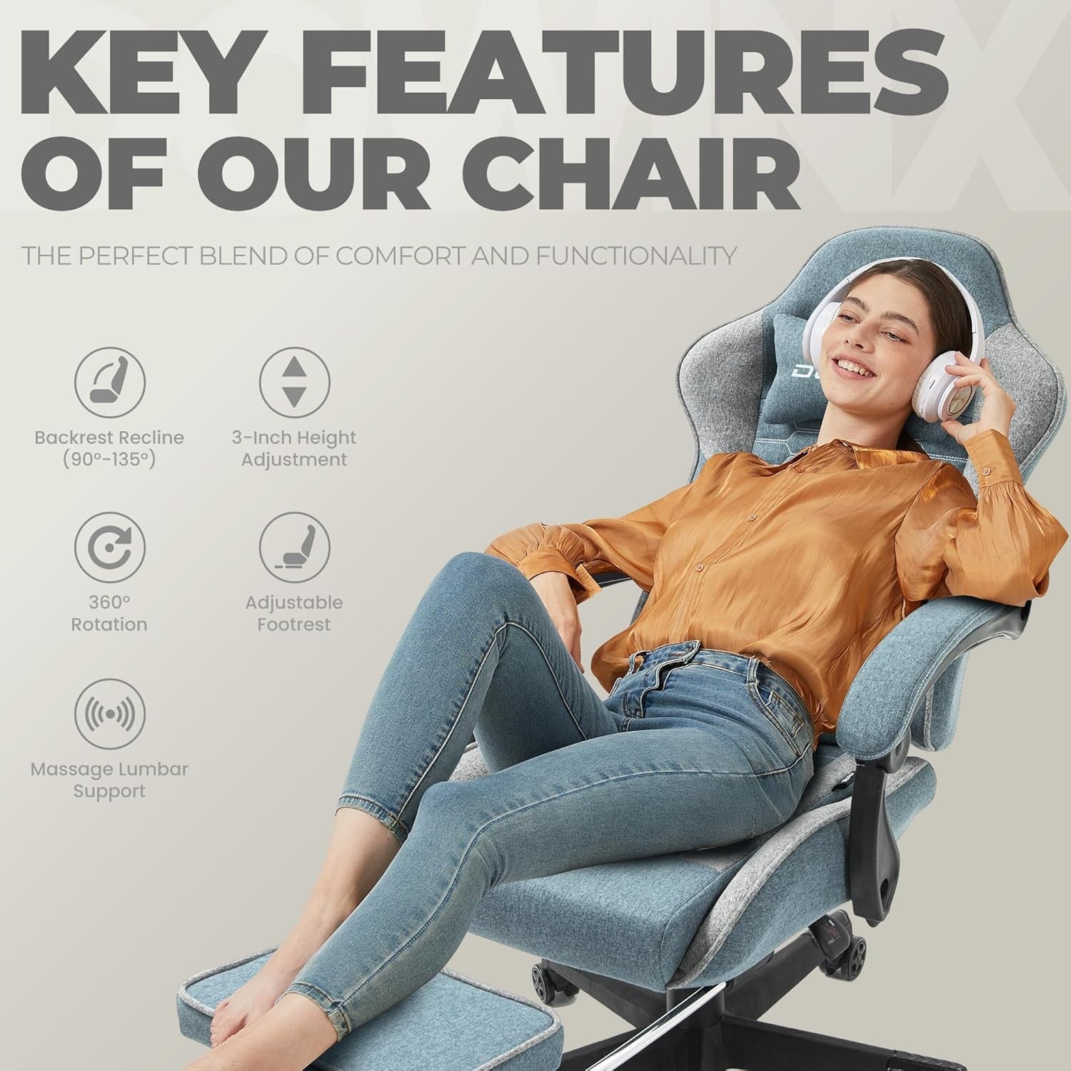 Ergonomic Gaming Chair with Footrest Massage 150kg Blue Grey