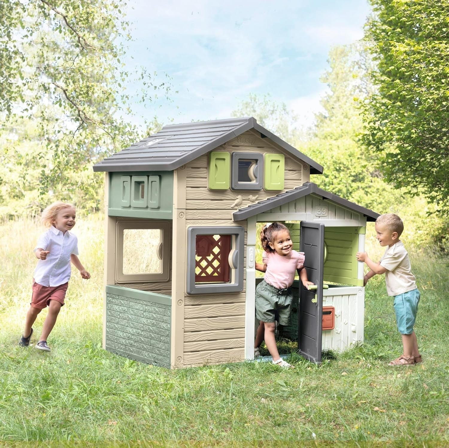 Large Kids Outdoor Playhouse Garden House w Table Windows Doors