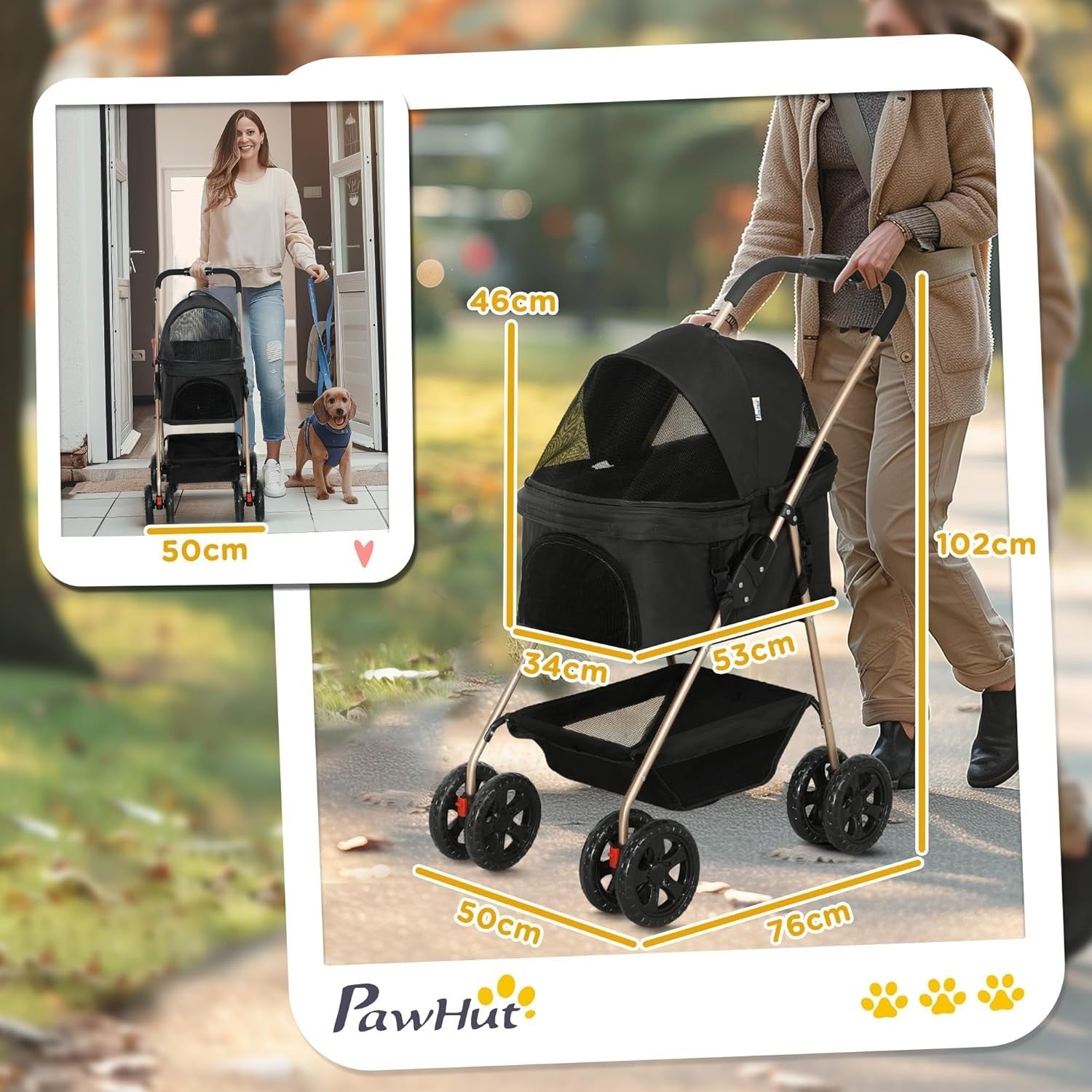 3 in 1 Pet Stroller Dog Pram Foldable Detachable Carrier Basket Black
