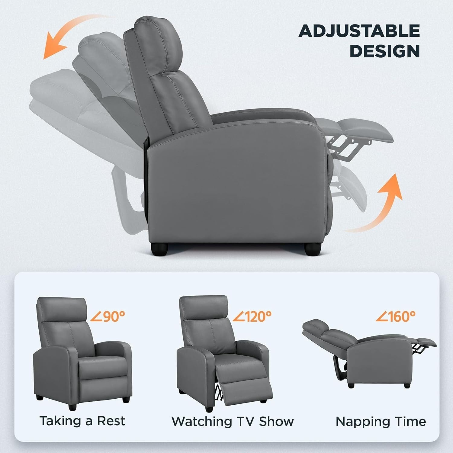 Grey PU Leather Recliner Armchair Adjustable Sofa Chair for Home Lounge