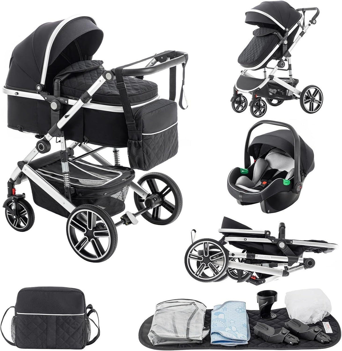 3 in 1 Baby Stroller with Car Seat Foldable Pram Travel System Black