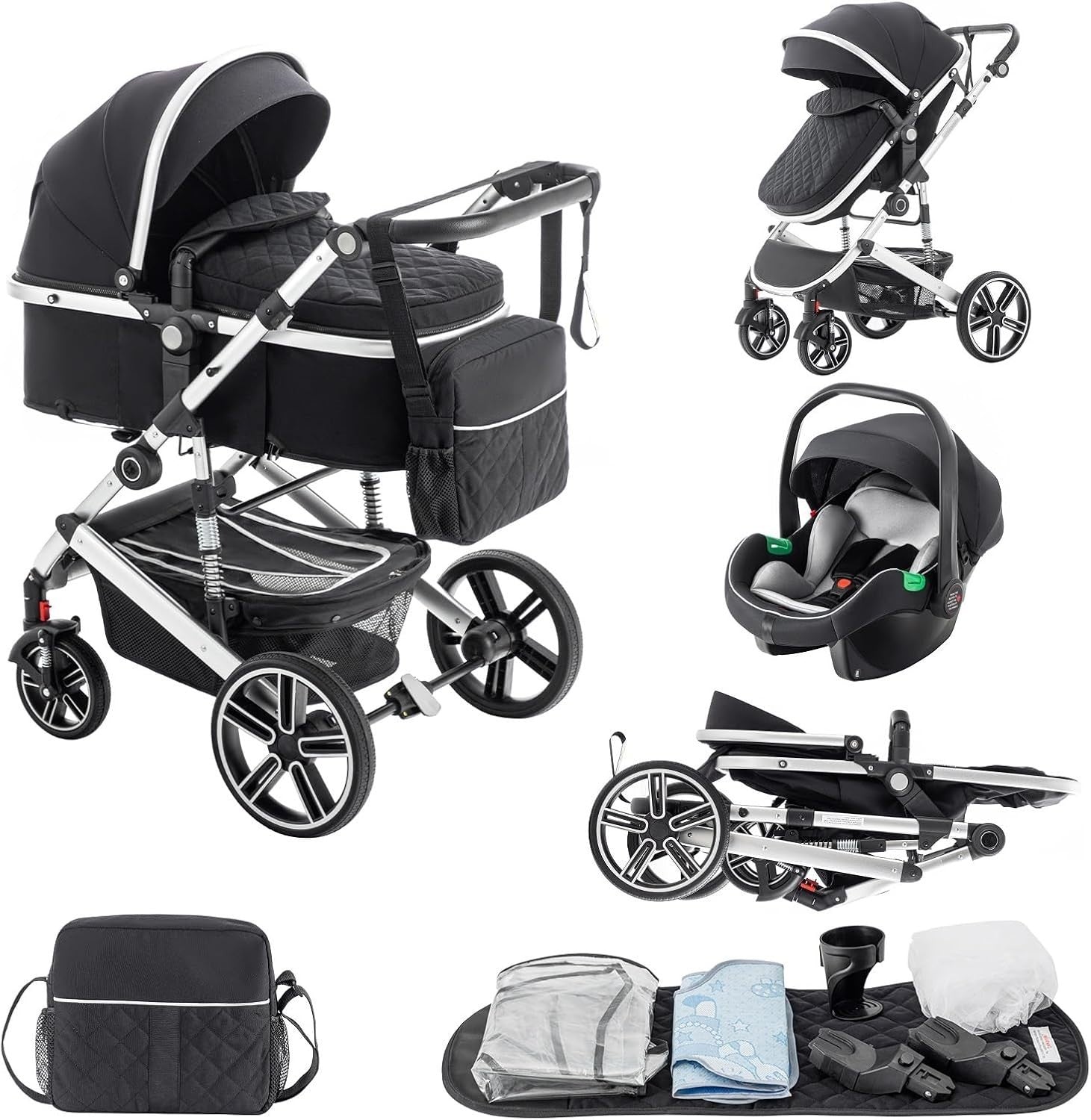 3 in 1 Baby Stroller with Car Seat Foldable Pram Travel System Black