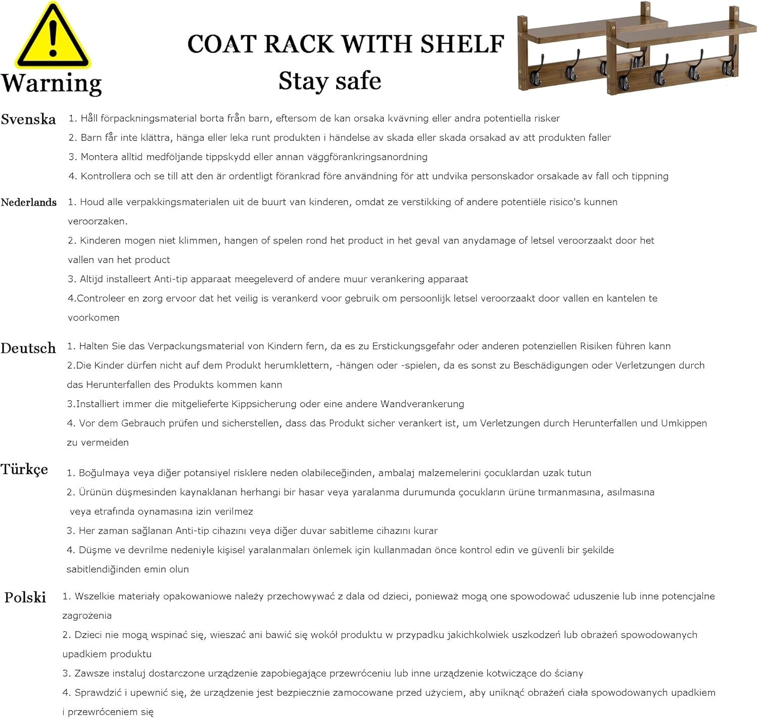 Wall Mounted Coat Rack with Shelf Set of 2 Bamboo Hooks Hallway Organizer