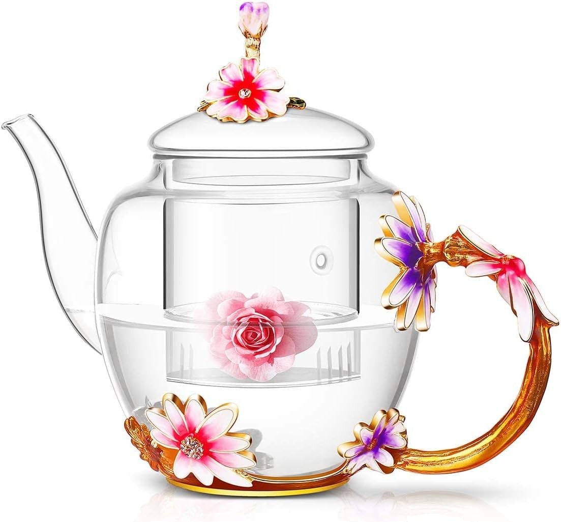 Glass Flower Teapot 35oz Tea Maker with Infuser Floral Gift for Women