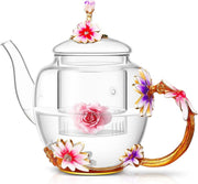 Glass Flower Teapot 35oz Tea Maker with Infuser Floral Gift for Women