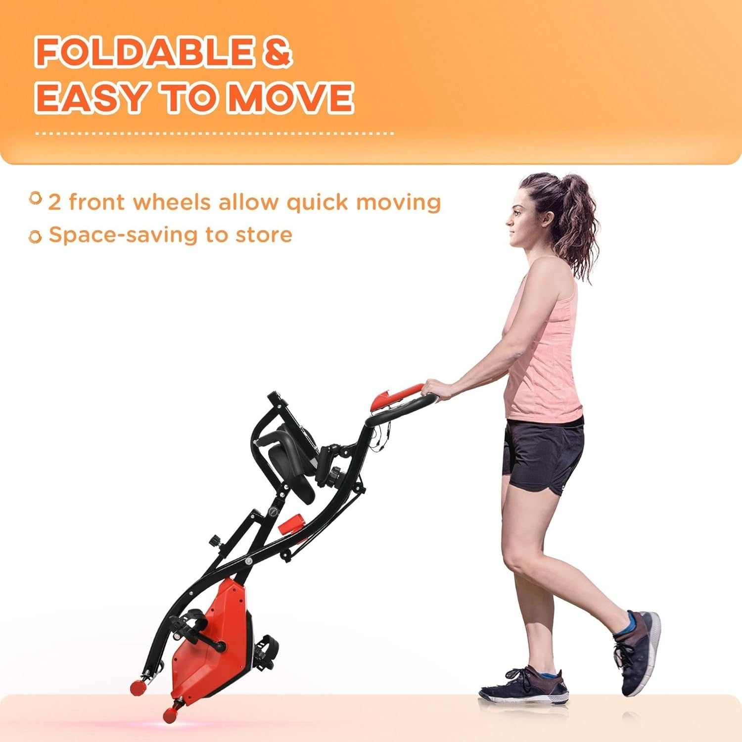 Wine Red 3-in-1 Folding Exercise Bike Magnetic Resistance LCD Pulse Bands