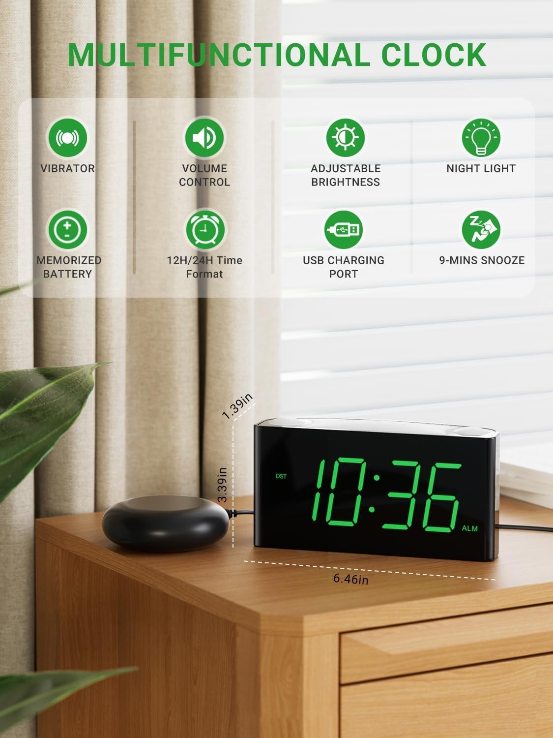 Black Extra Loud Vibrating Alarm Clock Bed Shaker Green LED Display USB