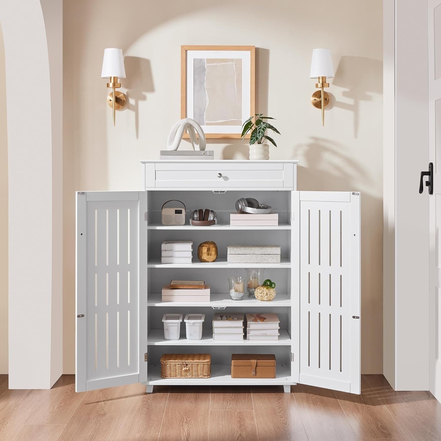 5-Tier Shoe Cabinet White with Drawer – Adjustable Shelves, Modern Storage
