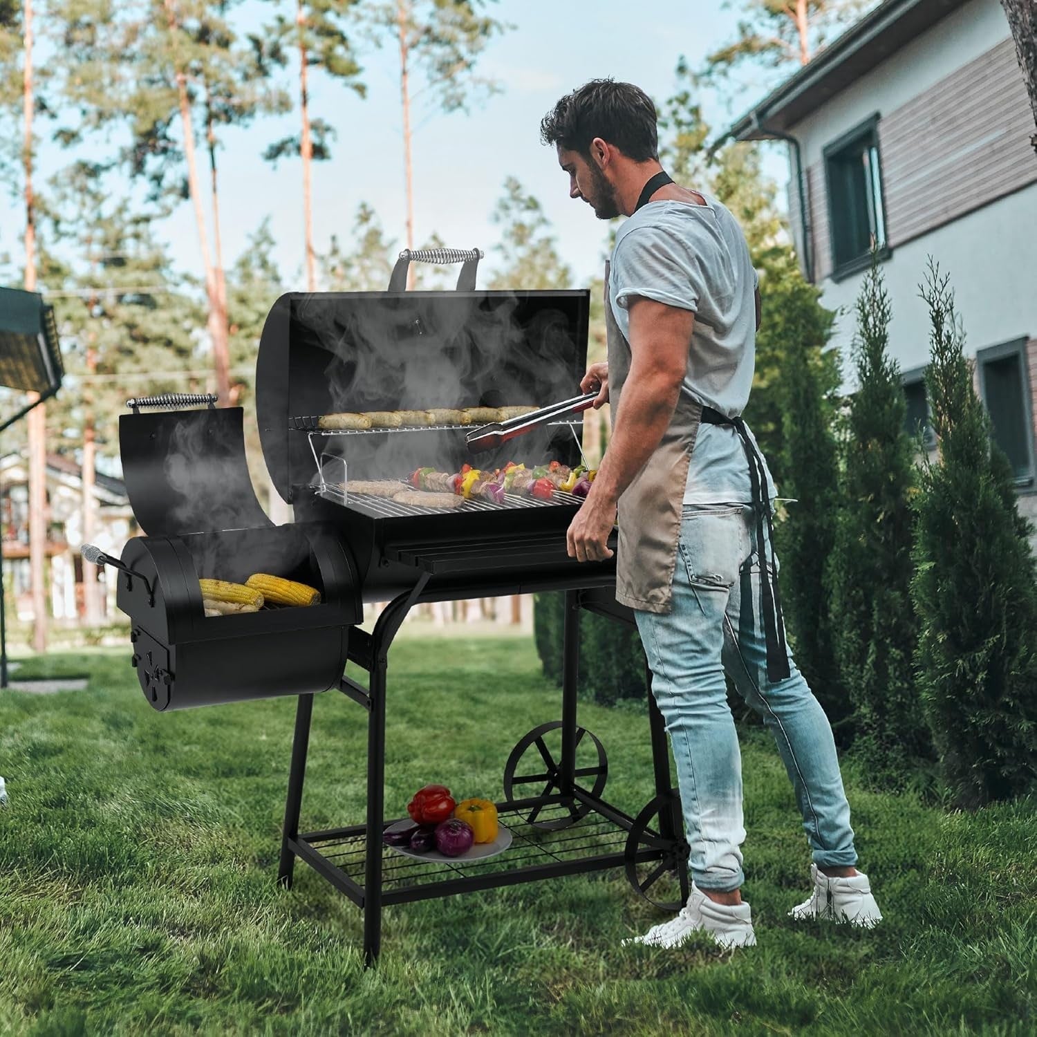 Offset BBQ Smoker Barrel Grill – Large Charcoal Outdoor Barbecue