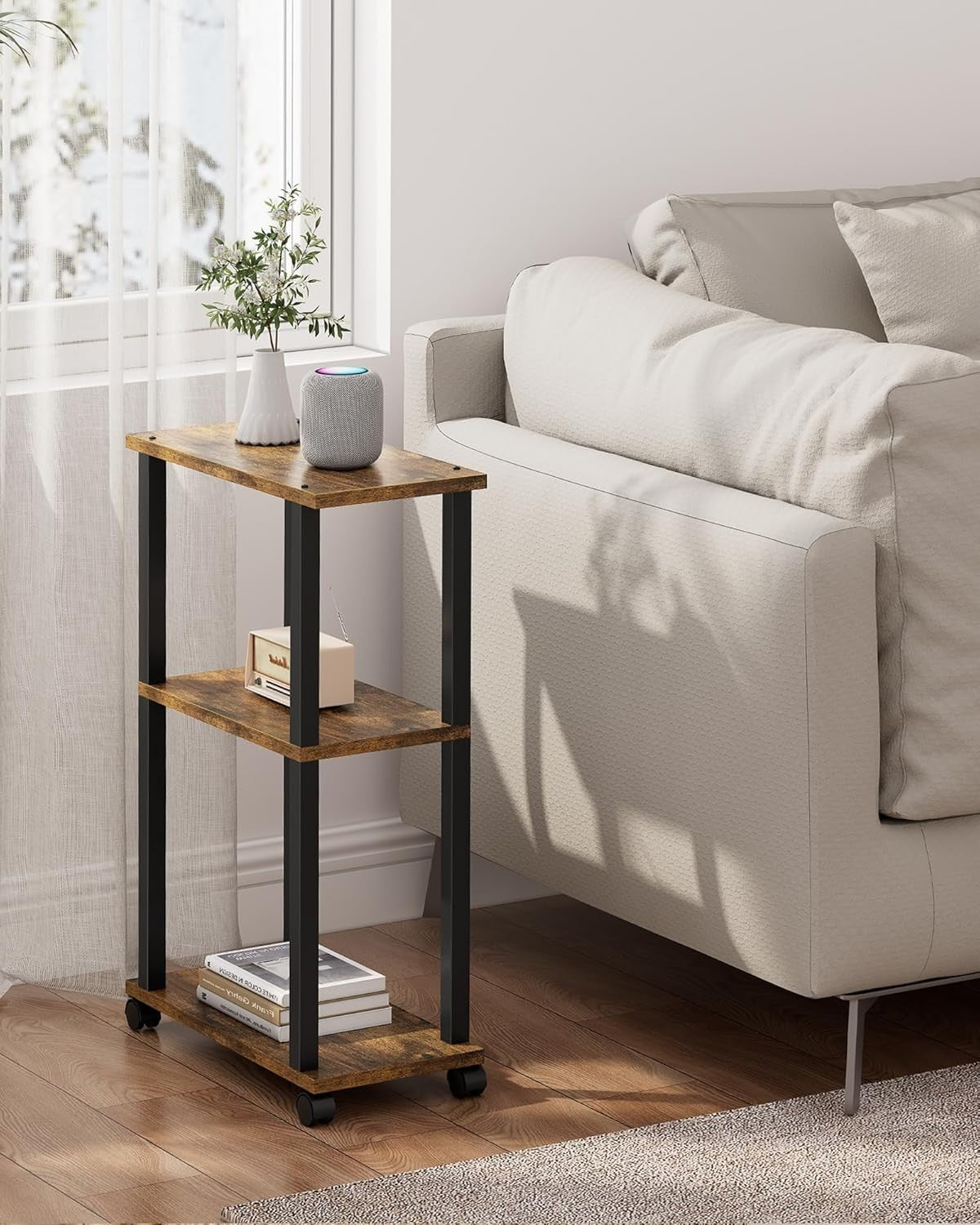 Narrow Small Side Table with Wheels & 3-Tier Storage, Adjustable Feet, Brown