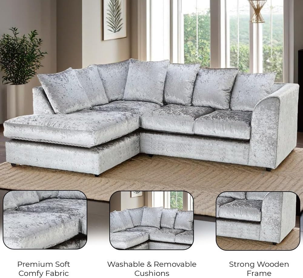 4 Seater Grey L Shape Corner Sofa Left Hand Crush Velvet – Comfy & Stylish
