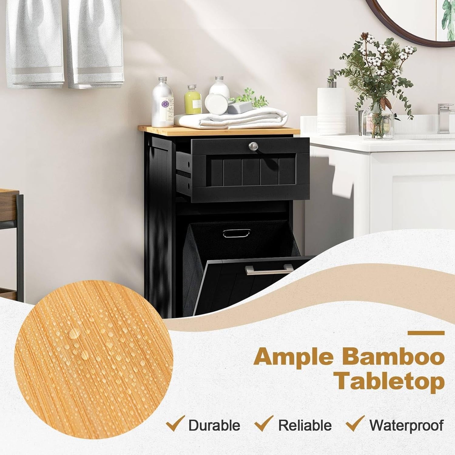 30L Black Tilt-Out Laundry Cabinet With Drawer Bamboo Top Modern Storage