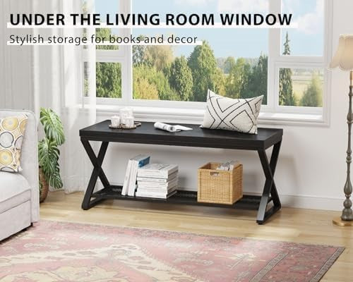 Black Oak Industrial Entryway Storage Bench Metal Frame Shoe Rack Seat 100x36x46