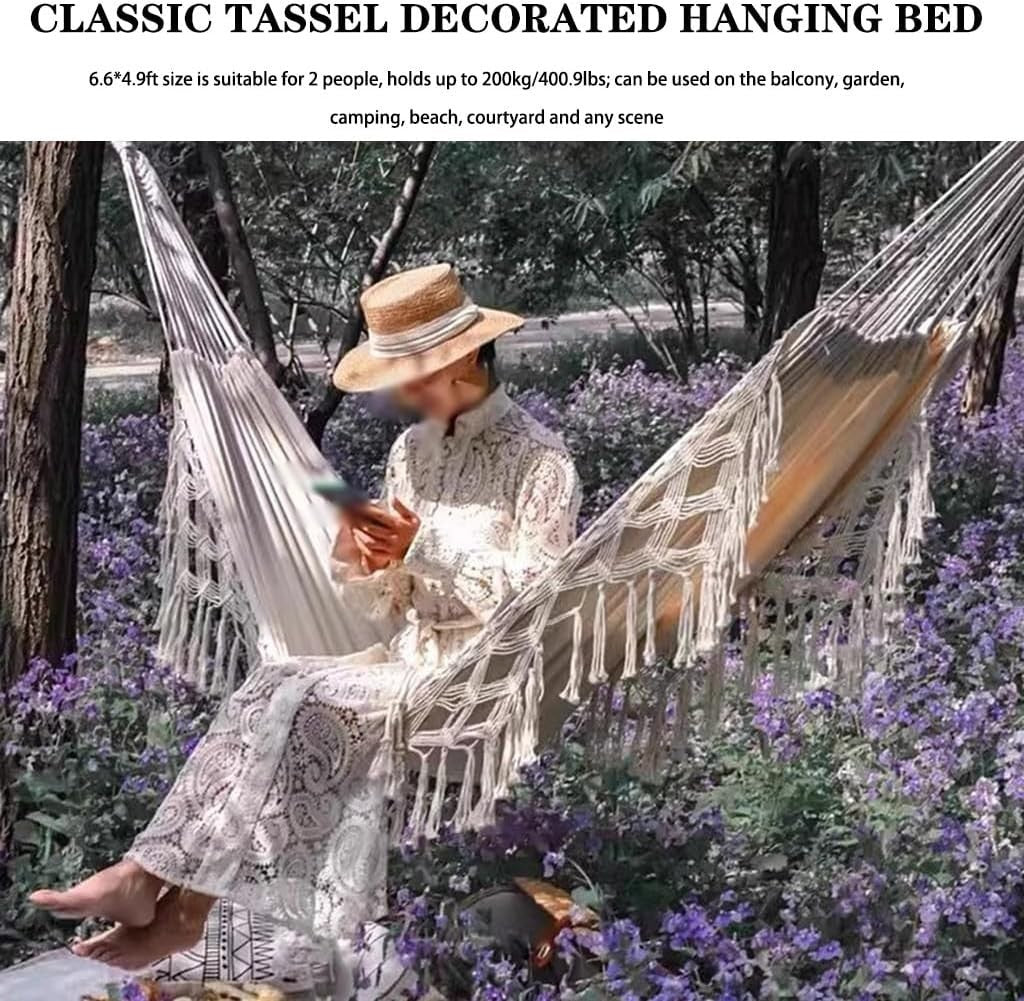 2-Person Double Canvas Hammock with Tassels, Anti-Rollover Wooden Poles