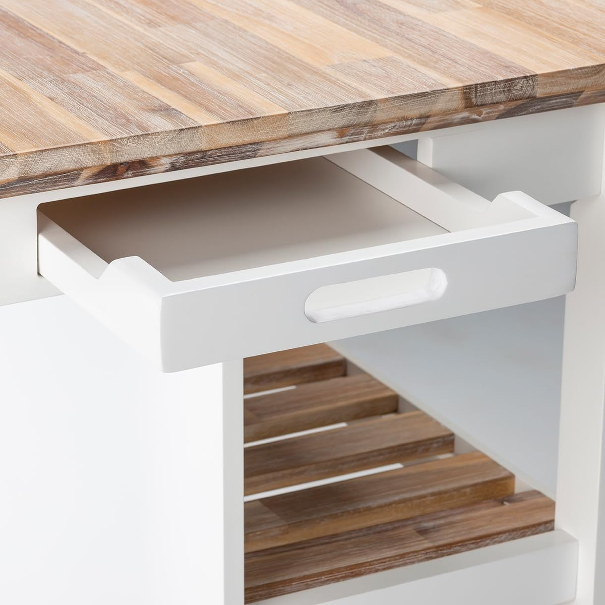White Kitchen Island 126cm with Shelves, Hidden Tray & Acacia Wood Top Furniture