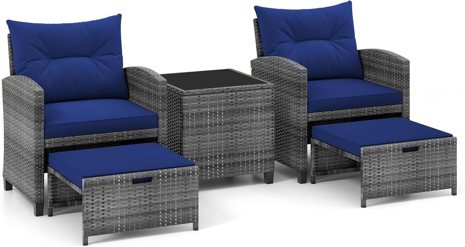 5 Piece Rattan Garden Furniture Set Navy Cushions Patio Sofa Chairs