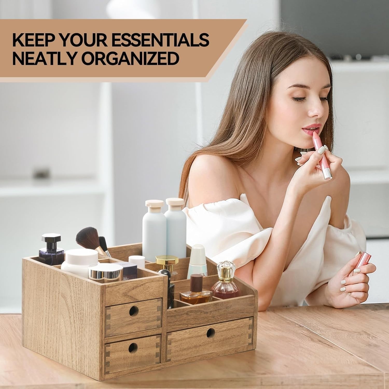 Large Wooden Makeup Organizer with 3 Drawers & 8 Compartments – Cosmetic Storage