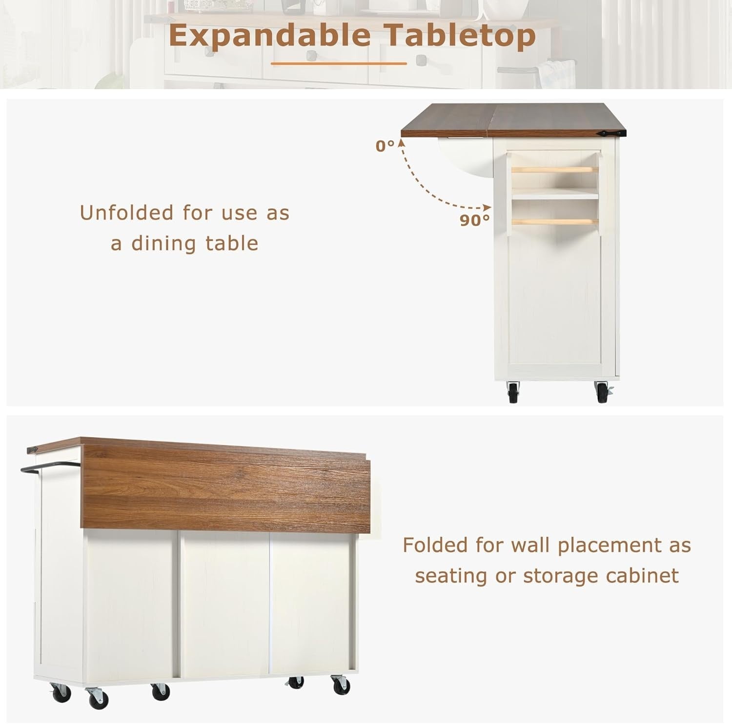 White Kitchen Island Cart with Wheels, Foldable Top & Storage 140x45x92cm