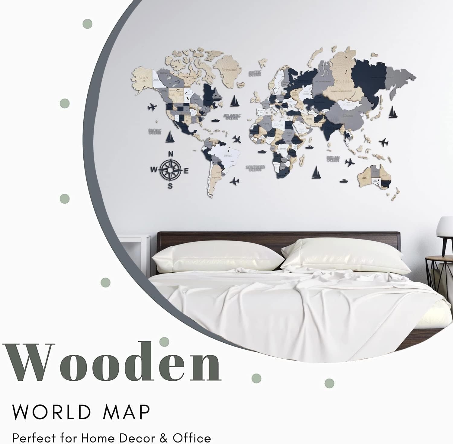 3D Wooden World Map Wall Art Alaska Travel Decor 120x62cm