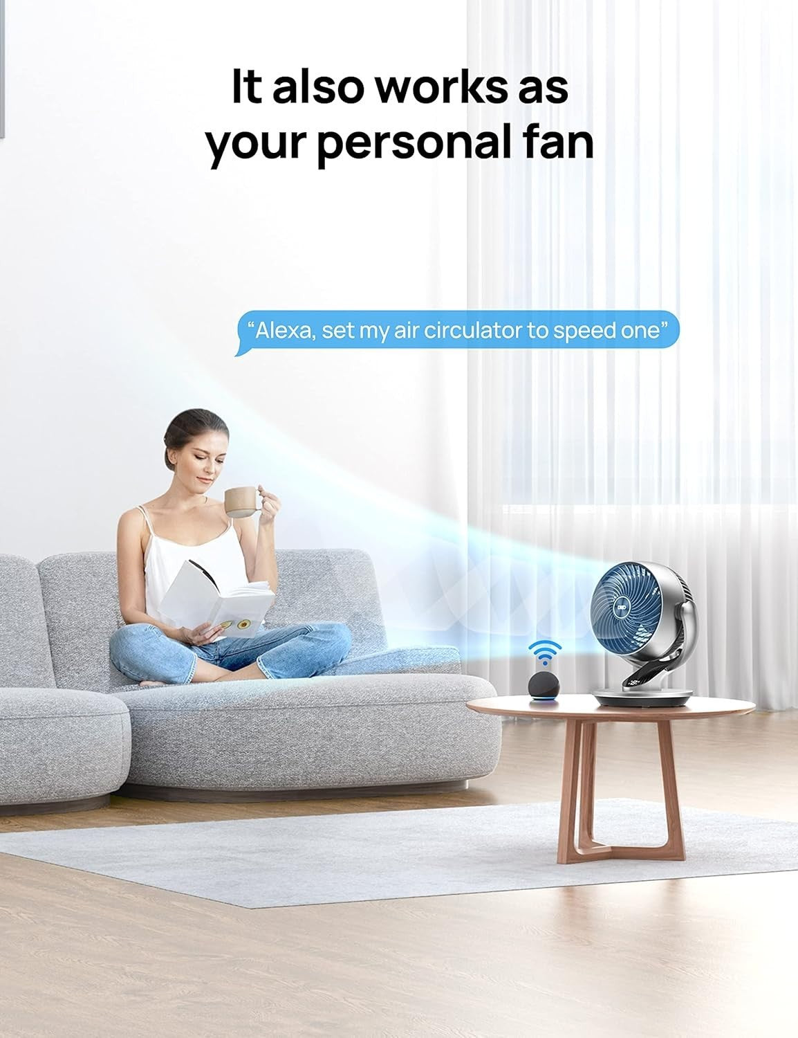 Smart Table Fan Silver Quiet 4-Speed Remote & App Control 7" Air Circulator