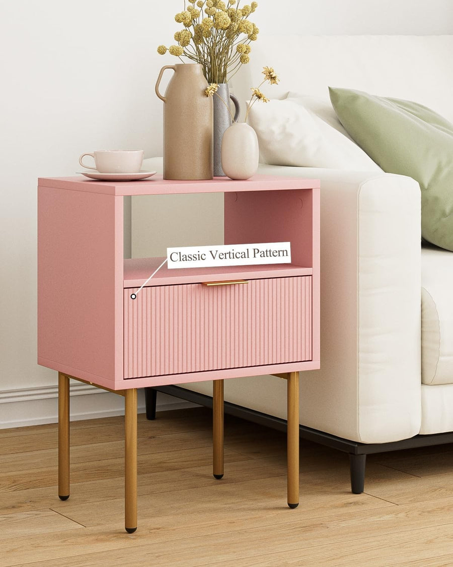 Modern Pink Bedside Table with Drawer & Open Shelf