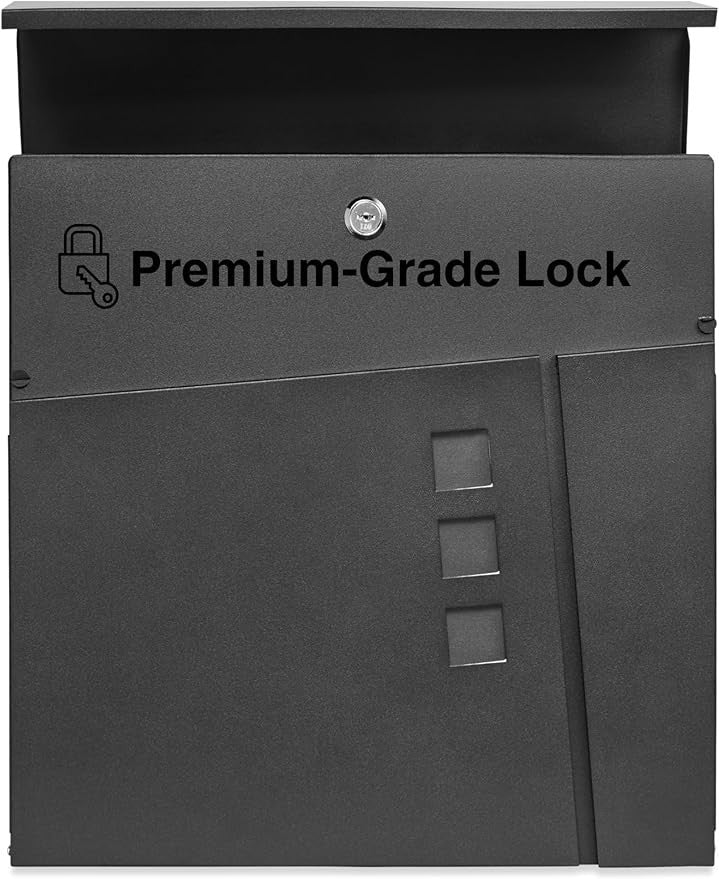 Modern Wall Mounted Post Box Black Stainless Steel Secure Lock Weatherproof 37cm