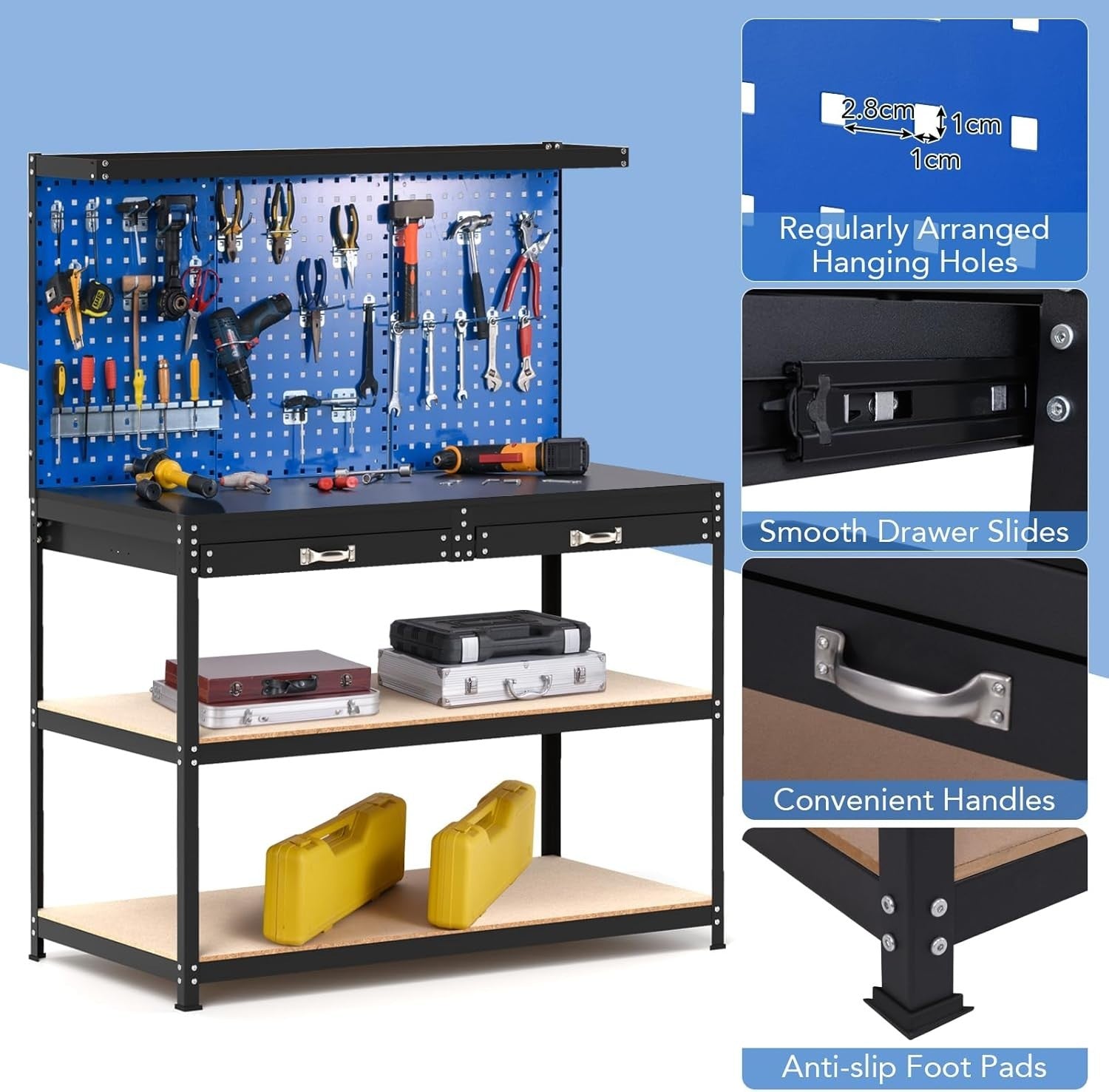 Heavy Duty Workbench 121x61x156cm Navy Pegboard 2 Drawers Shelves 435kg
