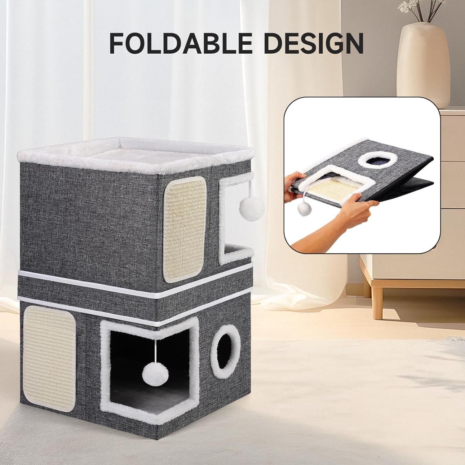 3 Tier Foldable Cat Cube House Cat Cave Condo w Scratch Pads Balls
