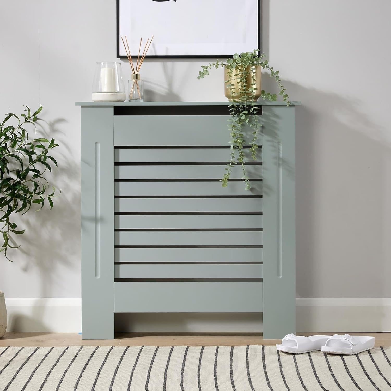 Grey Radiator Cover Wooden Slatted Grill Cabinet Shelf 78x19x82cm Small