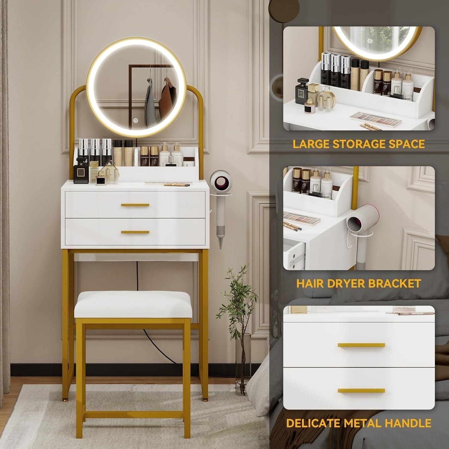 White Gold Vanity Table Set Desk Dresser LED Mirror 2 Drawer Storage Stool