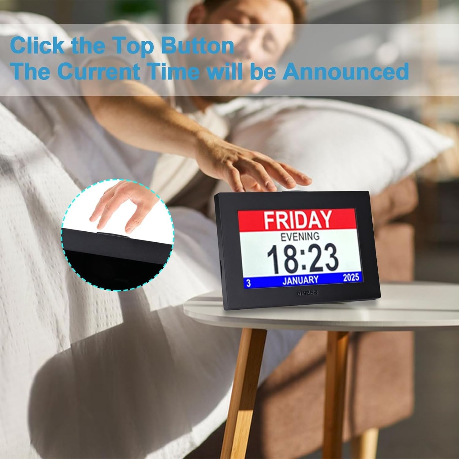 Large Dementia Alarm Clock 8” Touch Screen Talking Day Date Display